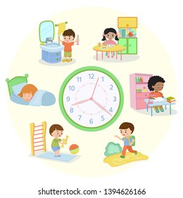 Children Schedule Banner Vector Illustration. Daily Routine. Set Of Kids Activities, Child Waking Up, Sleeping, Brushing Teeth, Eating, Going To School, Learning, Doing Exercises.