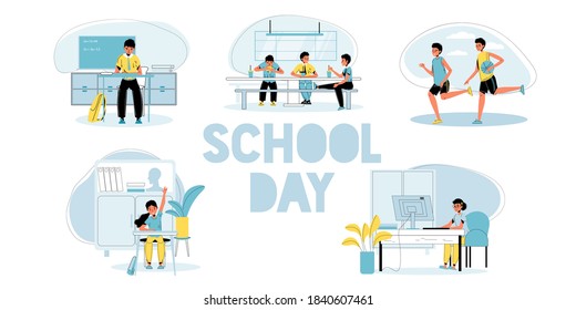 Children schedule. Primary elementary school day. Pupil writing answering at lesson in classroom, eating at canteen with classmates, playing football at school-yard, doing homework. Isolated scene set