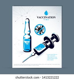 Children scheduled vaccination advertisement brochure. Vector graphic illustration of medical ampoule and syringe for injections.