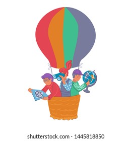 Children of school age with a map and a globe travel by balloon for educational purposes vector. The concept of pioneering and striving for knowledge can also be used in back to school design.
