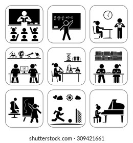 Crianças na escola frequentando aulas. Fazendo matemática, química, arte, tocar piano, aprender, praticar esportes. Ilustração vetorial. De volta à escola. Conjunto de ícones de pictograma. Dias de escola.