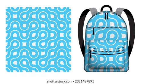 Mochila escolar para niños decorada con un patrón abstracto de color azul geométrico sin costuras con líneas y adorno fractal. Ornamento vectorial para el diseño de carteles e impresión en textiles