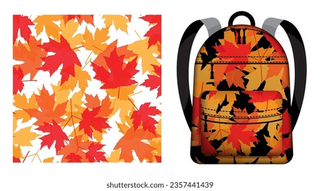 La mochila escolar infantil decorada con herbario secado de arce de otoño deja un patrón ininterrumpido. Floral ornato. Ornamento vectorial para el diseño de carteles e impresión en textiles