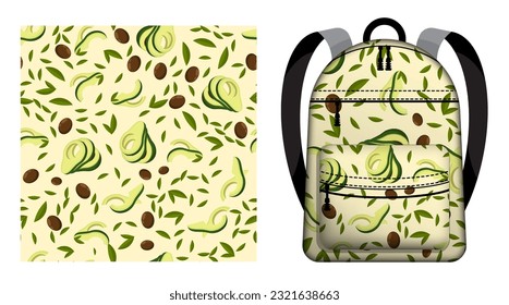 Children school backpack decorated Avocado fruit seamless pattern with leaves and seeds. Avocado wedges and slices. Vector ornament for design of posters and printing on textile