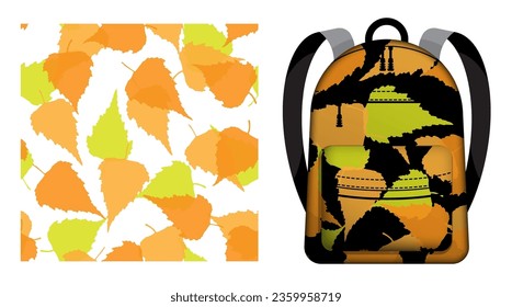 Children school backpack decorated birch leaves silhouettes seamless pattern. Autumn fallen leaves of birch tree. Vector ornament for design of posters and printing on textile