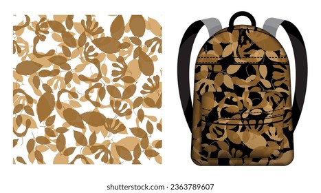 Children school backpack decorated black silhouettes of ash leaves seamless pattern. Autumn fallen leaves of ash tree. Vector ornament for design of posters and printing on textile