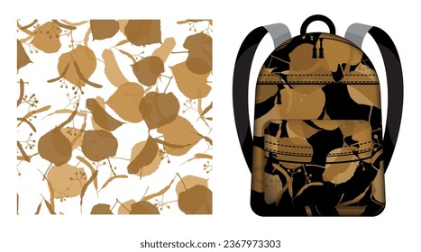 KinderschuhRucksack verziert braunen Silhouetten von Linden Baum Blätter nahtlose Muster. Herbst gefallene Blätter des Aschebaums. Vektorschmuck für die Gestaltung von Plakaten und den Druck auf Textilien