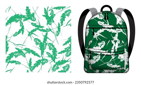 Children school backpack decorated cereal grass with panicle fluffy crown of meadow grass seamless pattern. Field grass floral ornate. Vector ornament for design of posters and printing on textile
