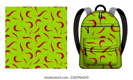 Children school backpack decorated hot red pepper for mexican dishes. Hot chili pepper pattern. Vector ornament for design of posters and printing on textile
