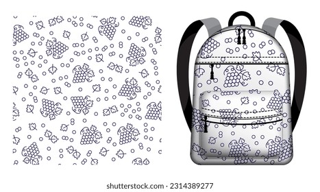 Children school backpack decorated juicy bunch of grapes with leaves and tendrils pattern. Student accessories. Vector ornament for design of posters and printing on textile