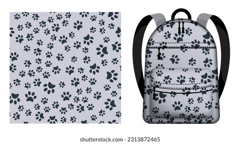 Children school backpack decorated Pads of cat paws seamless pattern. Animal paw prints on ground. Student accessories. Vector ornament for design of posters and printing on textile