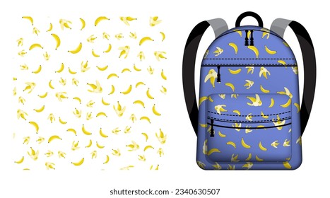 Mochila escolar para niños decorada Banana de color amarillo chillón con parte mordida de la fruta sin costura. Cosechando frutas tropicales. Ornamento vectorial para el diseño de carteles e impresión en textiles