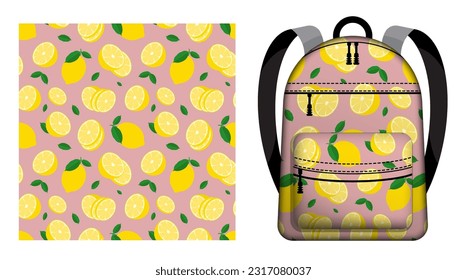 Children school backpack decorated seamless pattern with whole lemon with piece of citrus. Lemon with chopped zest and leaves. Vector ornament for design of posters and printing on textile