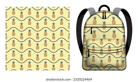 Children school backpack decorated seamless pattern with juicy pineapple and wave lines. Harvesting tropical fruits. Vector ornament for design of posters and printing on textile