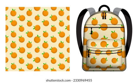 Kinderschuhrucksack mit nahtlosem Muster, ganz orange und Blätter. Vektorschmuck für die Gestaltung von Plakaten und den Druck auf Textilien