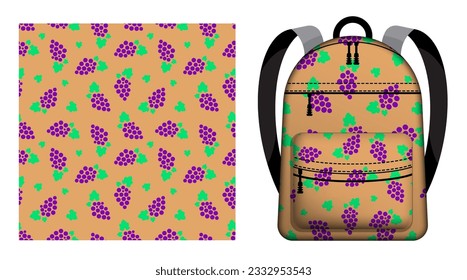 Children school backpack decorated seamless pattern with sketchy bunch of grapes and leaves. Vector ornament for design of posters and printing on textile