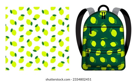 Children school backpack decorated seamless pattern with whole lemon and leaves. Harvesting citrus fruits. Vector ornament for design of posters and printing on textile