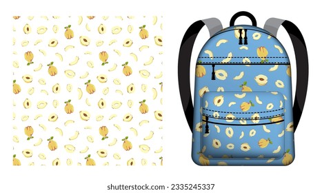 Children school backpack decorated seamless pattern with Quince fruit whole and cut in half. Exotic fruit. Vector ornament for design of posters and printing on textile