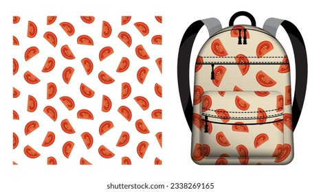 Children school backpack decorated seamless pattern with sliced tomato. Tomato wedges and slices for salad. Exotic fruit. Vector ornament for design of posters and printing on textile