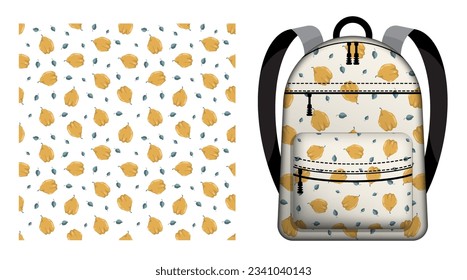 Children school backpack decorated seamless pattern with quince fruit whole and leaves. Exotic fruit party. Vector ornament for design of posters and printing on textile