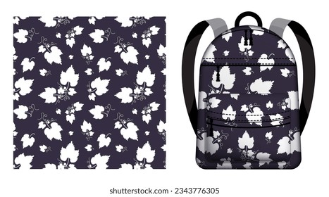 KinderschuhRucksack mit nahtlosen Mustern mit weißen Blättern und Tensillen. Vektorschmuck für die Gestaltung von Plakaten und den Druck auf Textilien