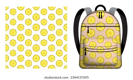 Children school backpack decorated seamless pattern with pineapple circle. Harvesting tropical fruits. Vector ornament for design of posters and printing on textile