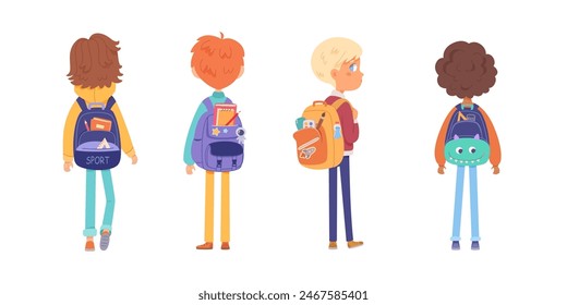 Niños con mochilas escolares vista trasera conjunto de Vector. Niños, niñas y niños, amigos que van al jardín de infantes con bolsa. Personajes de estudiantes inteligentes de dibujos animados. Regreso a la escuela, educación, concepto universitario