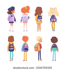 Children with school backpacks back view vector set. Kids girls and boys friends going to kindergarten with bag pack. Cartoon smart students characters. Back to school, education, college concept.