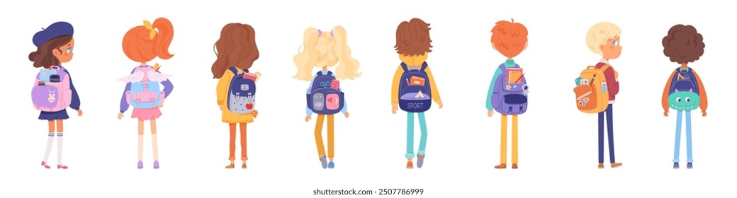 Children with school backpacks back view vector set. Kids girls and boys friends going to kindergarten with bag pack. Cartoon smart students characters isolated on white background. Back to school.