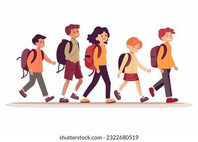 Children with school backpacks go to school. A group of cheerful schoolchildren. vector illustration.