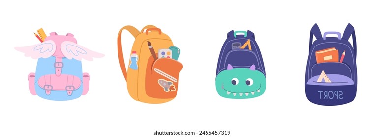 Children school backpacks vector illustration set. Different kids back bags with books and stationery isolated on white. Cartoon cute stylish accessories. Back to school education concept.