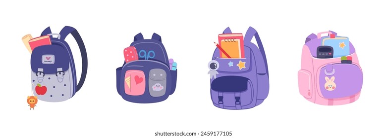 Children school backpacks vector illustration set. Different kids back bags with books and stationery isolated on white. Cartoon cute stylish accessories. Back to school education concept.