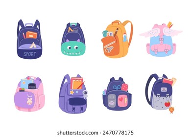 Children school backpacks vector illustration set. Different kids back bags with books and stationery isolated on white. Cartoon cute stylish accessories. Back to school education concept.