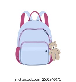 Children school bag and bear charm. Back to School concept. Hand drawn flat design vector illustration isolated on transparent background. 