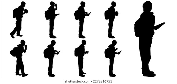 Children with school bags. The students are standing. Pupils. Teenagers with backpacks rush to school. Boys in different poses with bags. Side view. Back to school. Black silhouette isolated on white