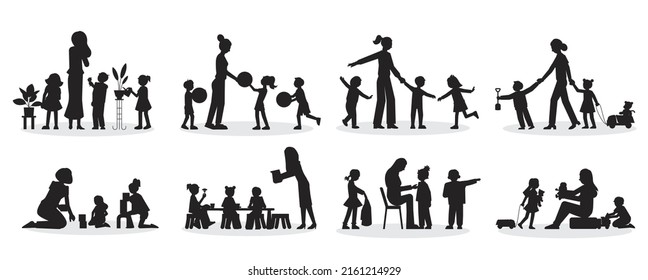 children, school boys and school girls Silhouettes premium vector template