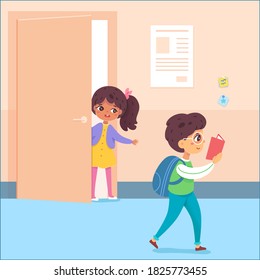 Children at school break. Happy cute boy walking with book at hall corridor, smiling, girl standing at classroom door. Education vector illustration. Fun time in hallway.