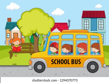 Children in the school bus illustration