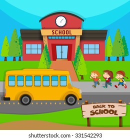 Children and school bus at school illustration