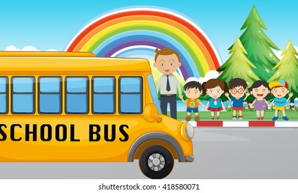 Children and school bus on the road illustration