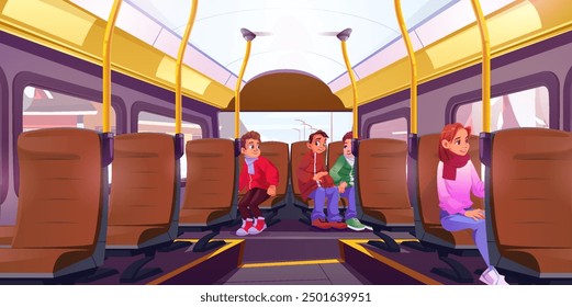 Kinder im Schulbus. Vektorcartoon-Illustration von Teenagern, Jungen und Mädchen, die auf Sitzen in öffentlichen Verkehrsmitteln sitzen, Kinder, die Auto fahren, das Fenster gucken, Personenverkehr in der Stadt