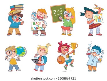 Children at school classes. Back to School. Math, geography, chemistry, drawing, physical education. Template for design. Funny cartoon characters. Vector illustration. Isolated on white background