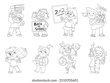 Kinder in Schulklassen. Zurück zur Schule. Mathematik, Geografie, Chemie, Zeichnung, Leibeserziehung. Schwarz-weißer Cartoon-Charakter. Vektorgrafik. Malbuch. Gliederungssatz