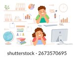 Children at school desk studying in class, computer, stationery, globe, books. Vector cute illustration on topic of education, mathematics, geography, computer science, exam, back to school.