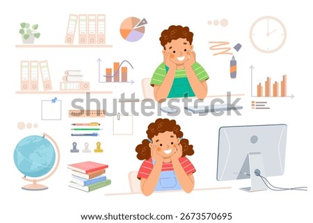 Children at school desk studying in class, computer, stationery, globe, books. Vector cute illustration on topic of education, mathematics, geography, computer science, exam, back to school.