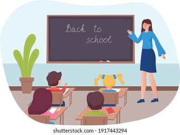 Children at school desk, teacher with a blackboard. Flat design illustration. Vector