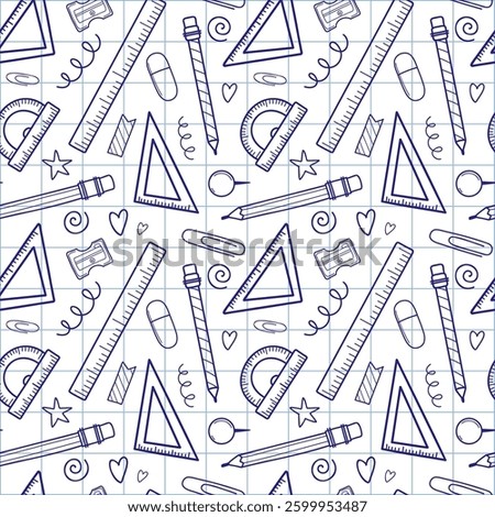 Children school drawings of stationery elements with a ballpoint pen by hand on a sheet of notebook. Seamless line art vector pattern. School supplies, ruler, pencil, sharpener