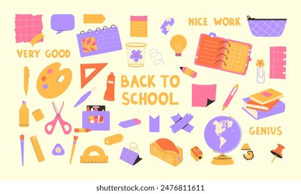 children school elements. Set of school supplies. Back to school . Vector illustration