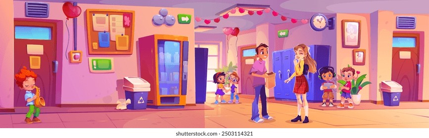 Children in school hallway on Valentine Day. Vector cartoon illustration of locker corridor decorated with heart balloons and garland, students in love exchanging romantic gifts, boy playing saxophone