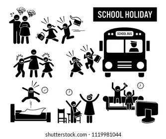 Children School Holiday. Stick Figure Pictogram Depicts School Children Coming Back From School Holiday. The Parent Are Sad, But The Kids Are Happy. Icon Set Show Student Or Pupil Running Back Home.